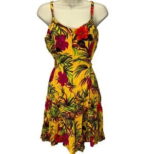 Vintage Sugar Co Hawaiian Yellow Floral Print Shorts Romper Size M Tie Belt Y2K
